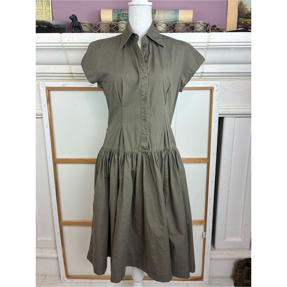 Norma KAMALI VTG Army Green Full Skirted fitted bodice cap sleeve dress w/ belt